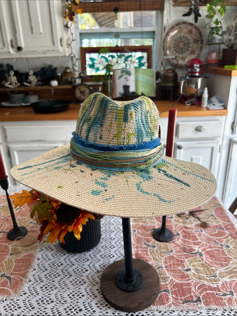 Handwoven Straw Sun Hat with Blue and Green Accents
